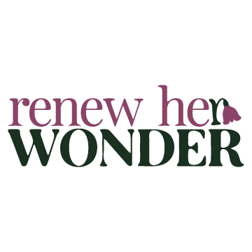 The 'Renew Her Wonder' primary brand logo. The top line features the words 'renew her' in a wild plum magenta serif font, ending with a wildflower icon. The flower's stem is a forest green lowercase 'r' and its petals are a plum-colored teardrop shape forming a subtle 'W'. Below, the word 'WONDER' is centered in bold, sturdy forest green capital letters. The design uses earthy tones to reflect a mission of solo adventure and personal discovery.